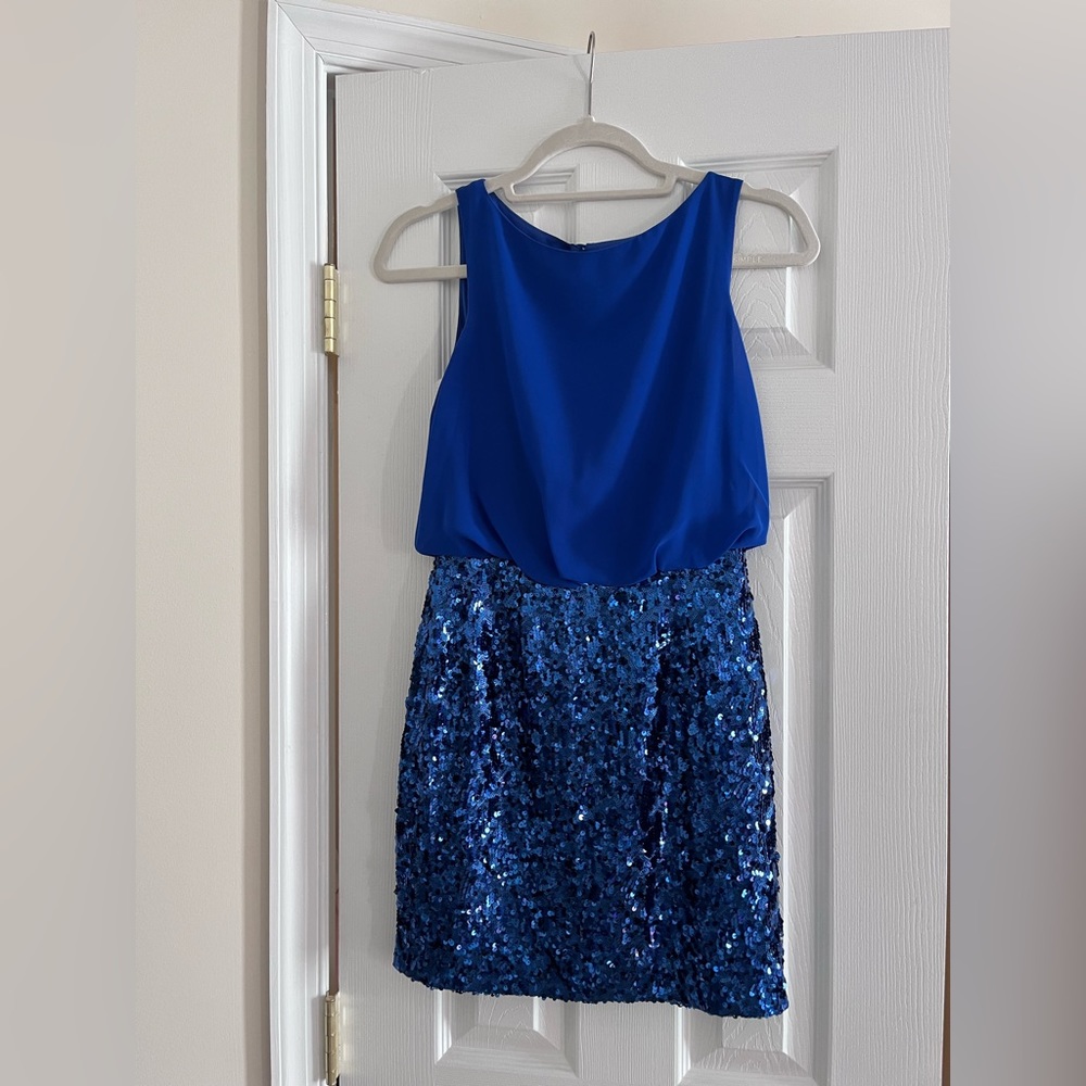 Aqua size 0 royal blue dress with sequined bottom and open back